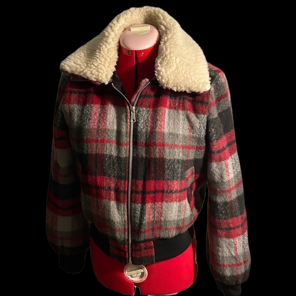 Wild Fable | Red and Black Plaid Bomber Jacket Sherpa collar Sz XS Winter Coat
